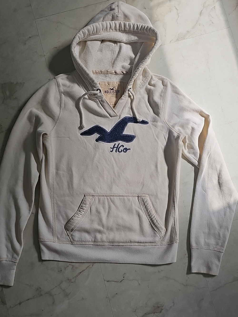 Hollister Cream Vneck Hoodie with Sequins Navy Logo